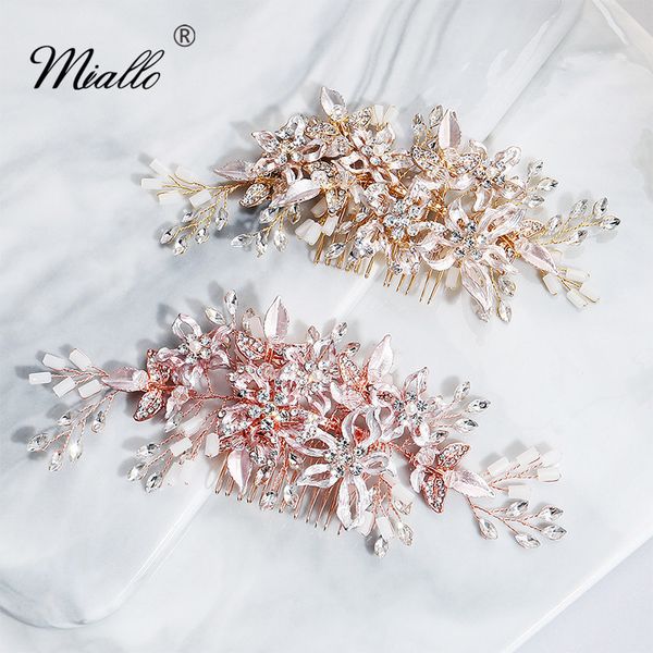 

miallo 2019 flowers wedding hair comb handmade austrian crystal pearls bridal hair jewelry accessories headpieces, Golden;white
