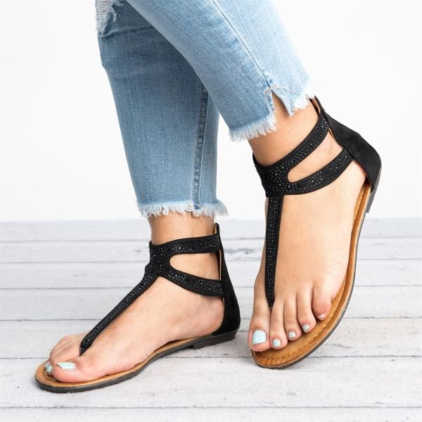 

rome t-strap women sandals concise summer gladiator women shoes casual boho beach flat sandals big size, Black