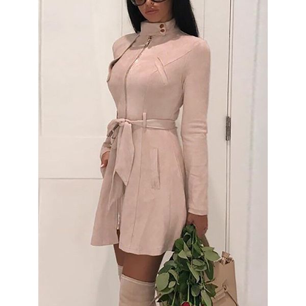 

faux suede leather dress 2018 autumn fashion women suede leather dress with belt vintage a line party dresses high waist vestido, White;black