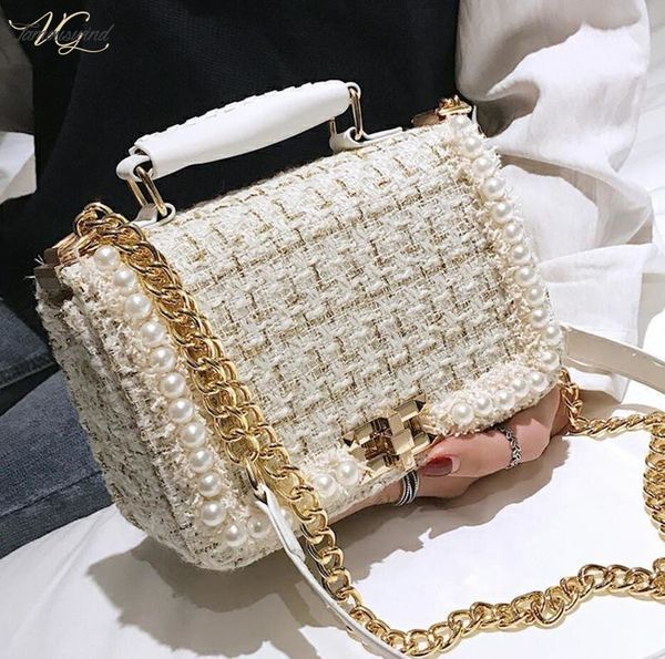 

2020 winter fashion new female square tote bag quality woolen pearl womens designer handbag ladies shoulder crossbody bag