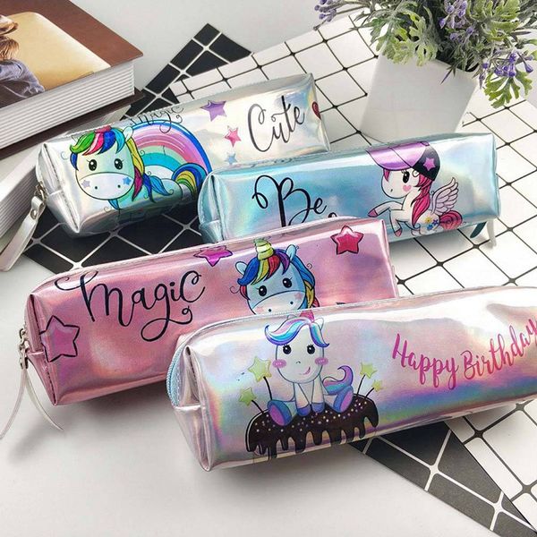 

1 pc laser unicorn pencil case cartoon horse pencil bag school supplies shining color pencilcase bag makeup student gifts