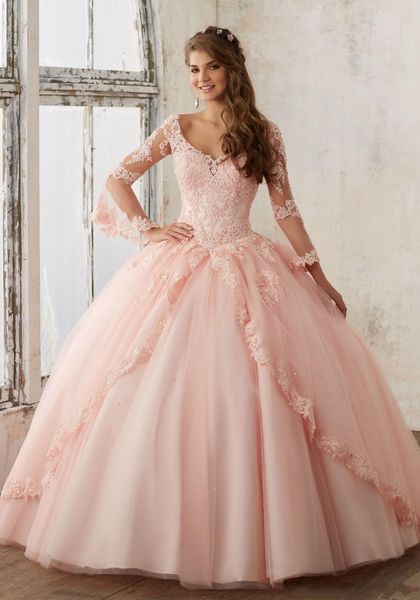 

new quinceanera pageant ball gown long-sleeve dresses prom party dresses pink tulle applique lace 16-year-old prom dress, Blue;red
