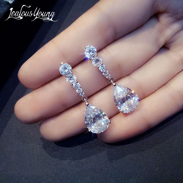 

white color round zircon water drop crystal drop earrings for women luxury bridal wedding earrings jewelry gift, Silver