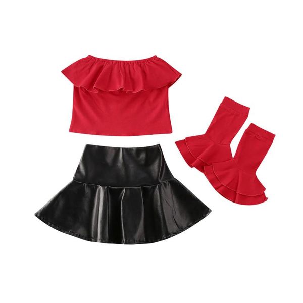 

мода детей ребёнки одежда комплекты с плечом рябить tops кожаной юбки + flare рукав костюмов, White