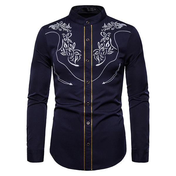 

unpadupe 2019 new men's western cowboy embroidered shirt casual henry collar button down shirts slim fit long sleeve shirt, White;black