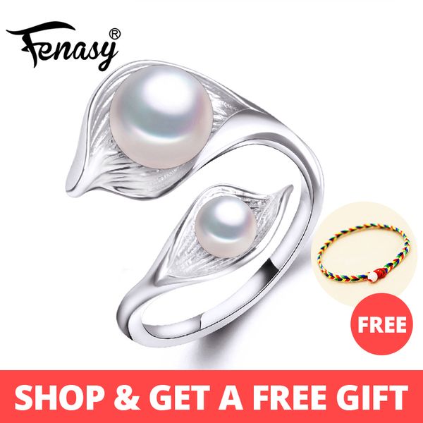 

fenasy natural freshwater double pearl rings for women fashion s925 sterling silve adjustable leaf ring pearl jewelry, Golden;silver
