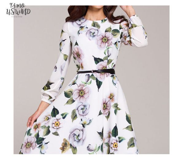 

women casual dress waist sleeve autumn winter print party vestidos ladies elegant vintage a line dresses no belt, Black;gray