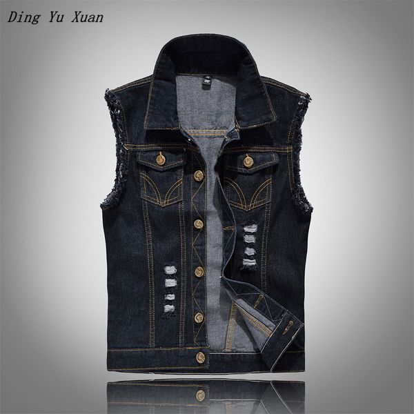 

plus size 6xl cotton jeans sleeveless jacket men blue black denim vest men denim vest mens hip hop jacket colete masculino gilet, Black;white