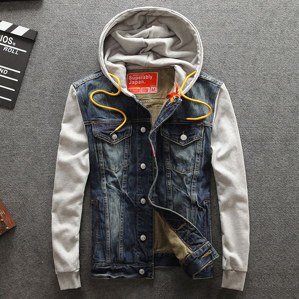 

youth fashion men jacket spliced sleeve slim fit denim jacket men coat with hat european american street designer biker, Black;brown