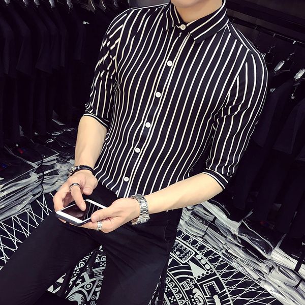 

korean striped shirt men summer half sleeve business casual mens shirts slim fit brand designer chemise homme plus size 5xl-s, White;black