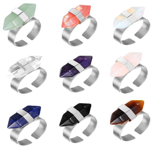 

new hexagonal prism quartz rings for women men healing crystal point chakra tiger eye natural stone charm finger open rings fashion jewelry, Golden;silver