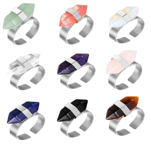 Novos anéis de quartzo do prisma hexagonal para homens curando Crystal Point Chakra Tiger Eye Stone Natural Stone Finger Aberto Jóias de moda