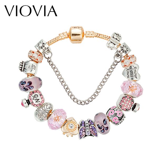 

viovia beads of butterfuly charm bracelets & bangles gold chain glass beads bracelets for women gift diy jewelry b16138, Golden;silver
