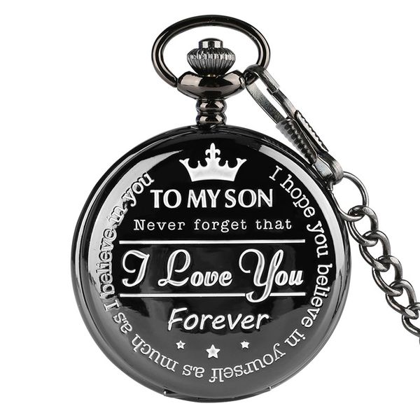 

vintage black gold "to my son" laser word men boy analog quartz pocket watch pendant chain children kids watches gifts us stock, Slivery;golden