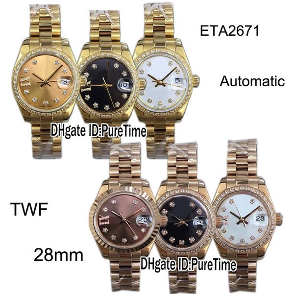 

twf 28 мм eta2671 автоматические женские часы дата безель с бриллиантами 18 карат желтого золота циферблат бриллианты маркеры лучшее издание, Slivery;brown