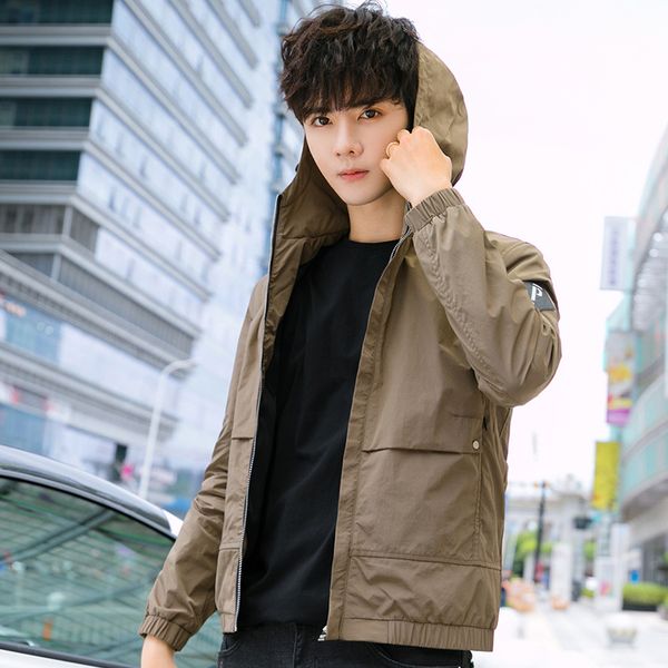 

spring and autumn new style men hooded solid color slim fit coat large size casual origional hong kong style jacket men's, Black;brown