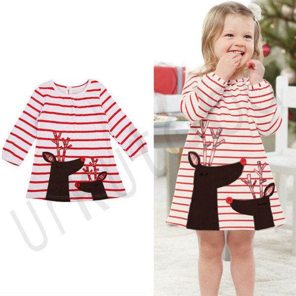 

toddler baby girls christmas reindeer striped long sleeve mini dress kids party tutu pageant dresses sundress xmas clothes 1-7y, Red;yellow