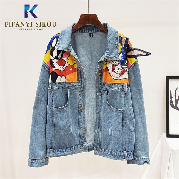 

2019 new autumn women denim jacket cartoon print sequin jeans jacket women streetwear long sleeved denim coat loose outwear, Black;brown