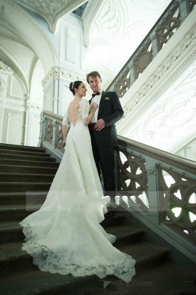 

open back mermaid wedding dresses with half sleeves lace applique sweep train custom made country wedding bridal gown, White