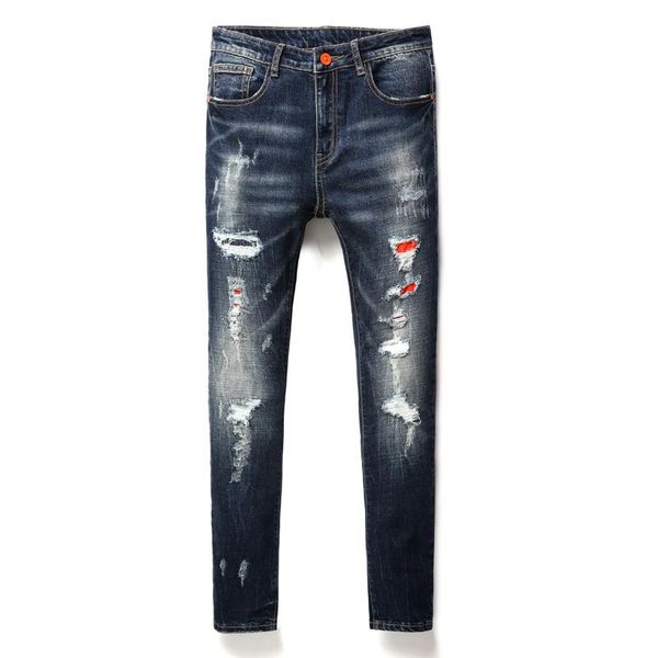 

осень мужские джинсы рваные hole denim брюки моды прямые мужские брюки джинсовые mid zipper fly длинные джинсы одежда оптом, Blue