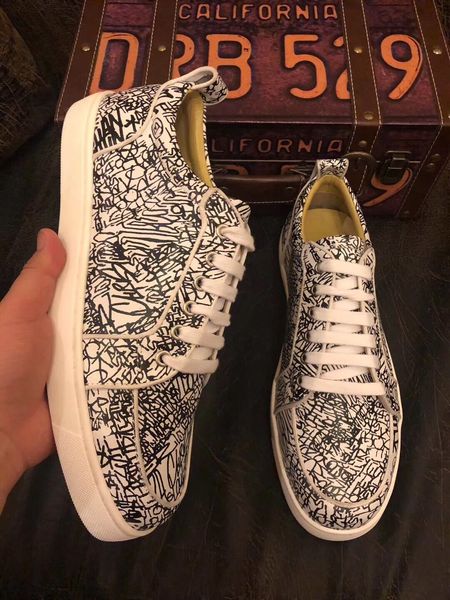 

casual designer fashion men white printed graffiti flats lace up low shoes brand new sale, Black