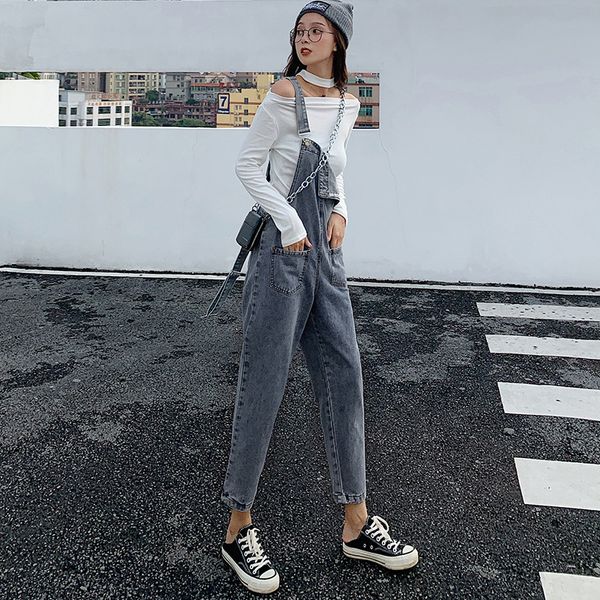 

2019 autumn new style suspender pants women's loose-fit korean-style casual harem capri pants high-waisted shoulder strap jeans, Blue