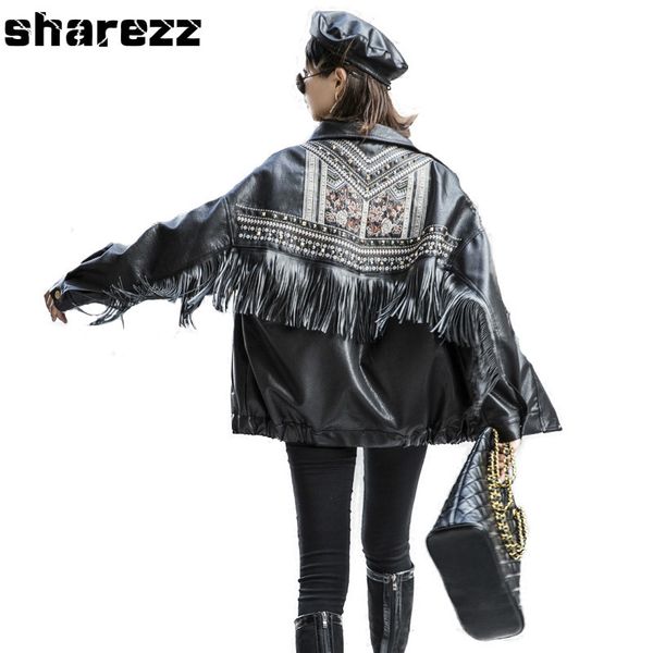 

spring autumn 2020 new fringed rivet punk faux pu leather jacket locomotive loose fit short coat motorcycle embroidery tide, Black
