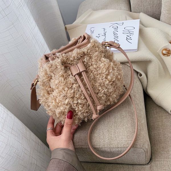 

new arrival women bag small women's shoulder bags imitation lamb wool drawstring bucket fashion leather belt lady crossbody bags