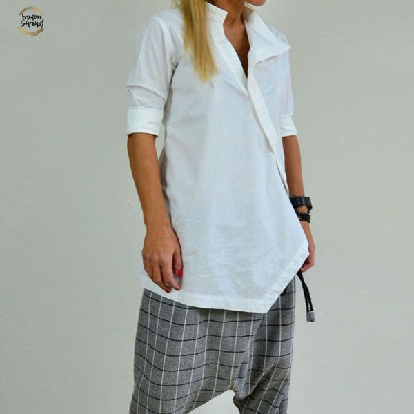 

2019 women tunic shirts buttons vintage linen blouse long sleeve asymmetrical solid loose blusas femininas plus size, White