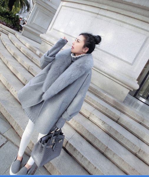 Moda-Toptan-Yeni Kış Büyük Kürk Yaka Sıcak Kaşmir Ceket Kadın Gevşek Büyük Yards Koza Yün Giyim Yarasa Sleeve Pelerin Ceket