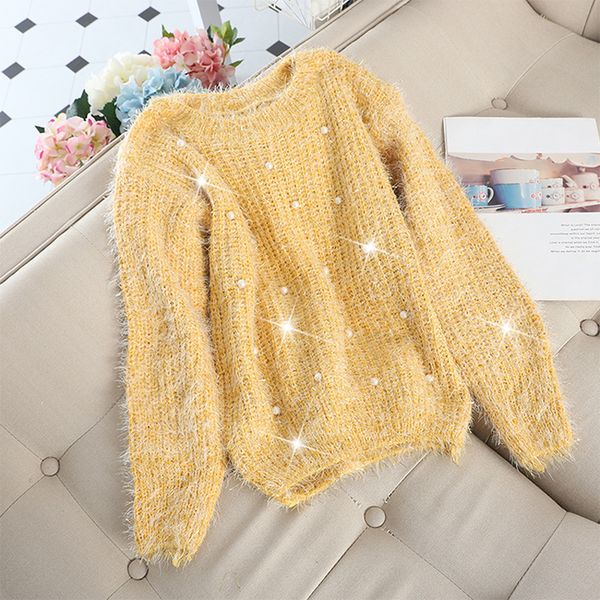 

pearl sweater mohair fluffy korean winter sweater women pull femme fuzzy pullover yellow jumper 2019 ropa mujer warm clothes new, White;black