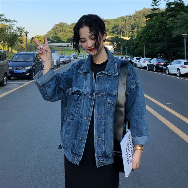 

autumn women denim jacket 2019 streetwear fashion vintage frayed denim bomber jacket pockets coats outwear bf style loose, Black;brown