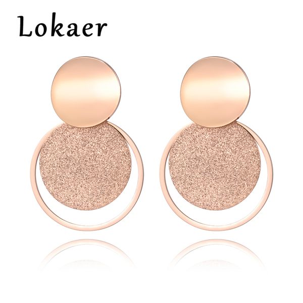 

lokaer stainless steel jewelry rose gold color frosted sheet circle curved disc stud earrings e18446, Golden
