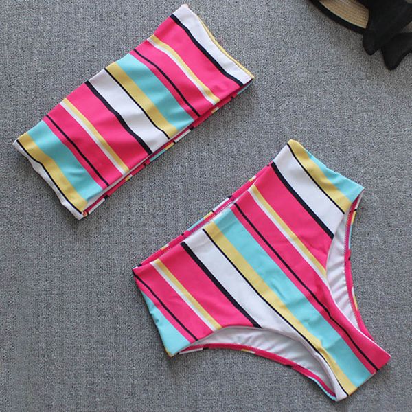 

arrivalsummer women new style personality colorful striped flower pattern tube concise high waist bikinis set po