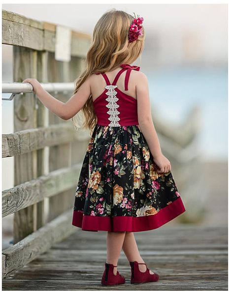 

baby girls irregular suspender skirt dresses 2019 ins children backless floral printed swallow tail casual dresses kids boutique clothes, Red;yellow