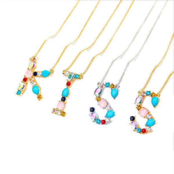

couple name necklace multicolor fashion charm gold 26 alphabet pendant necklace micro pave zircon initial letter necklaces, Silver
