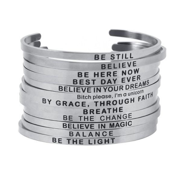 

silver stainless steel bangle engraved positive inspirational quote handmade cuff mantra bracelets for women gifts 4mm, Black