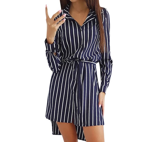 

feitong dress ladies women long sleeve striped above knee beach party dresses new fashion casual loose dress high quality, Black;gray