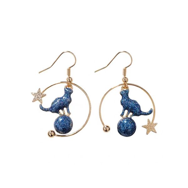 

funny blue shiny cat dangle earrings star mystery beautiful long earrings minimalist jewelry, Silver