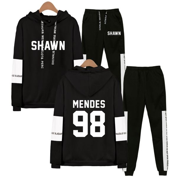 

singer singer shawn mendes sweatshirt sweatpants suits men women popular shawn mendes hip hop pullover two pieces set tracksuit, Black
