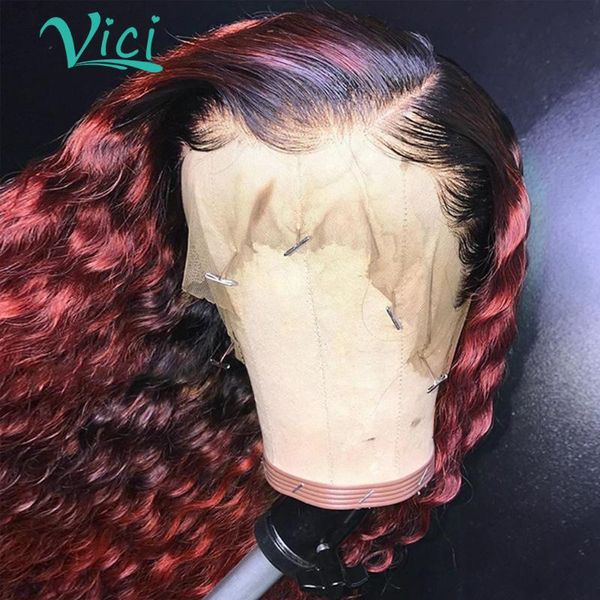 

burgundy lace front wig brazilian ombre curly human hair wig 1b 99j long curly lace front preplucked 150% remy for women, Black;brown