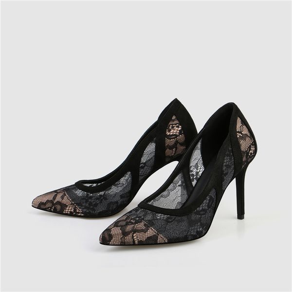 

dress shoes 2021 spring elegant lace pumps women wedding pointed toe high heels stiletto, Black