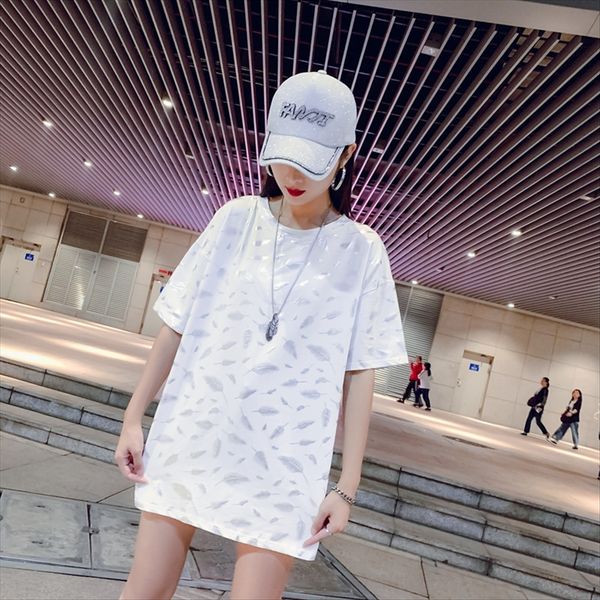 

2019 short-sleeved european-style t-shirt women's hong kong-style medium-length super-fire printing t-shirt white white top
