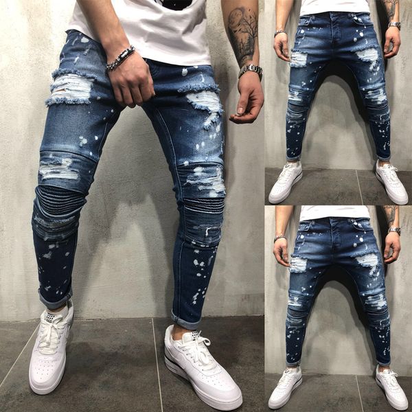 

new skinny jeans men streetwear destroyed ripped jeans homme hip hop broken modis male pencil biker embroidery patch pants, Blue