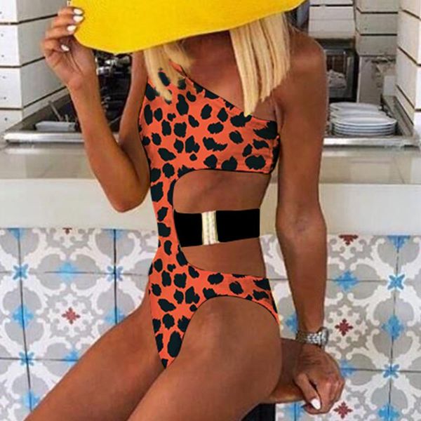

mossha one shoulder leopard one piece brazilian swimsuit buckle swimwear women bodysuit hollow out bikini 2019 monokini new, White;black