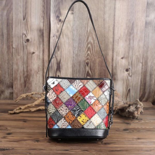 

2020 new genuine leather luxury women shoulder bags national style personality fashion trend stitching color messenger bag