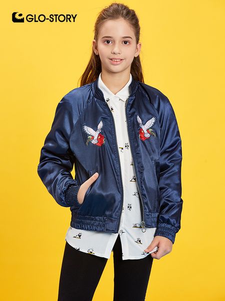 

glo-story 2019 spring fashion kids girl animal solid long sleeve bomber jacket baseball jackets for a girl coat 122-164 gfy-8040, Blue;gray