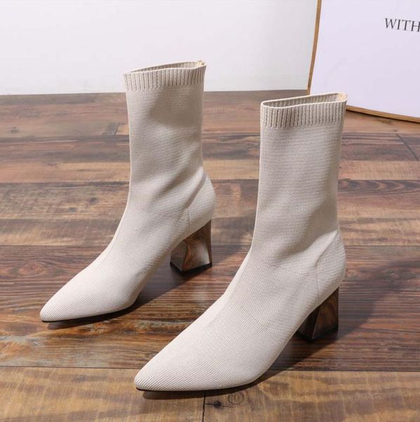 

bzbfsky tide brand socks boots thick with short female new korean version of the wild high-heeled thin boots white women's shoes, Black