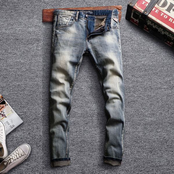 

italian style fashion men jeans retro wash elastic slim fit vintage jeans classical designer men pencil pants, Blue