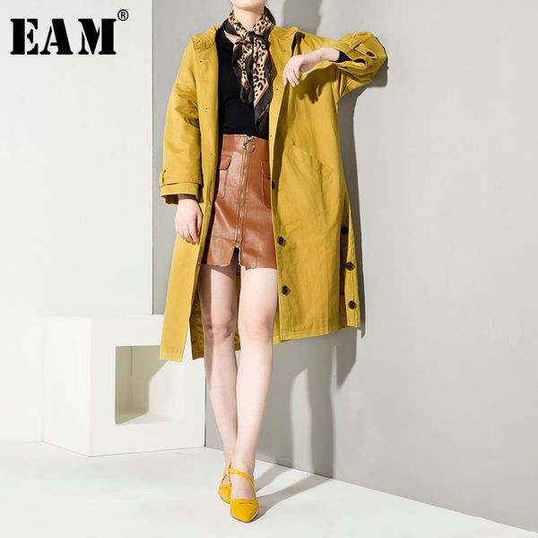 

eam] 2019 новая коллекция весна лето отворот с длинным рукавом боковой вентиляционный кнопка большой размер longwindbreaker женщины тренч м, Tan;black